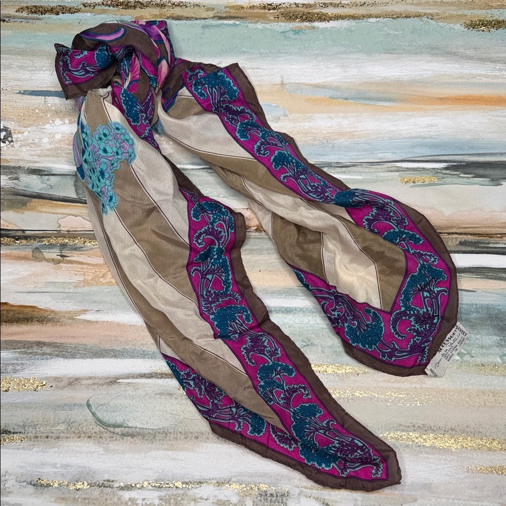 Oscar de la Renta for Accessory Street Purple, Teal and Brown Floral Silk Scarf